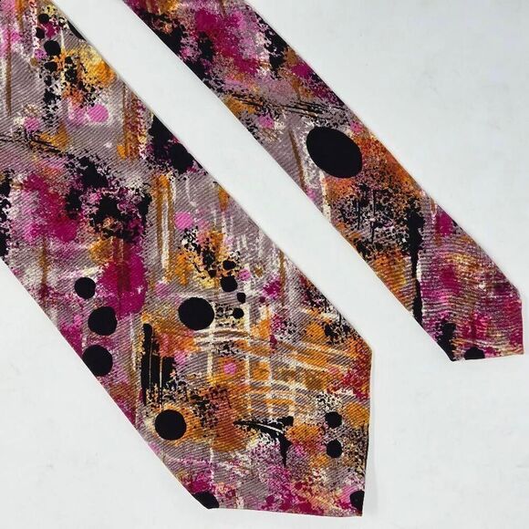 ALTEA MILANO ITALY SILK TIE ORANGE PINK BLACK ABSTRACT SPLATTER 3.75" X 57" - Picture 1 of 2